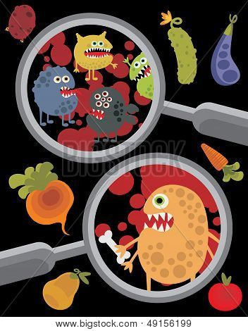 Magnifying glass and microbes in it.