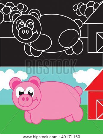 Vector Pink Pig on Farm