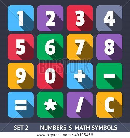 Numbers and Mathematic Symbols. Vector Icons With Long Shadow Set 2