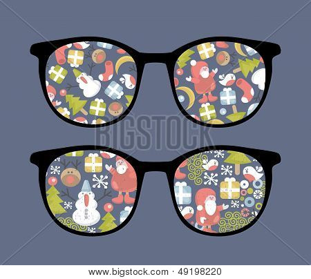 Retro sunglasses with christmas time reflection.