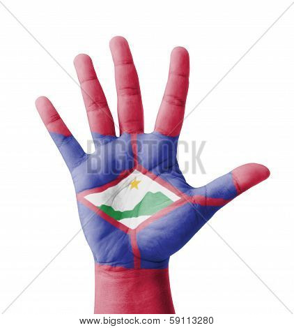 Open Hand Raised, Multi Purpose Concept, Sint Eustatius (neth.) Flag Painted - Isolated On White Bac