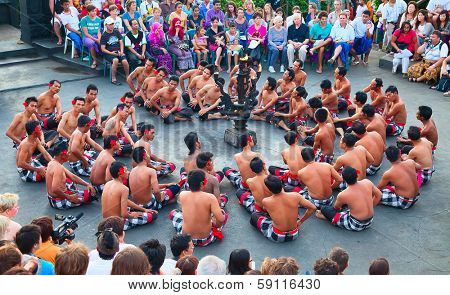 DENPASAR - JULY 27: Traditional Balinese Kecak dance shown in Denpasar, Bali, Indonesia on July 27, 2010. Kecak (also known as Ramayana Monkey Chant) is very popular cultural show on Bali