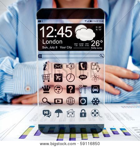 Smart phone (phablet) with a transparent display in human hands. Concept actual future innovative ideas and best technologies humanity.