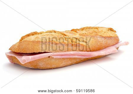 closeup of a spanish bocadillo de jamon de york, a ham sandwich, on a white background