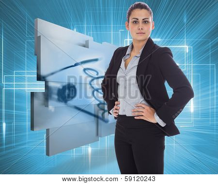 Serious businesswoman against multiple geometric lights