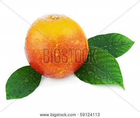 Blood Orange With Green Leaves Isolated On White Background.
