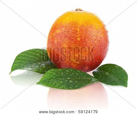 Blood Orange With Green Leaves Isolated On White Background.