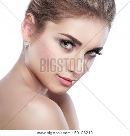 Closeup portrait of sexy whiteheaded young woman, emotions, cosmetics, isolated on a white background