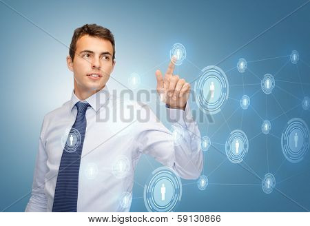 business, technology, communication concept - businessman working business network on imaginary virtual screen