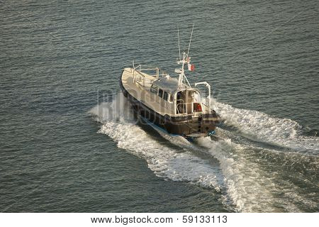 aerial view of pilot boat and wake
