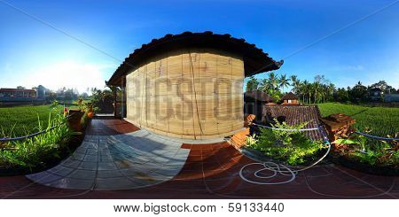 Spherical, 360 degrees panorama (equirectangular projection) of a balcony of traditional house, Bali, Indonesia