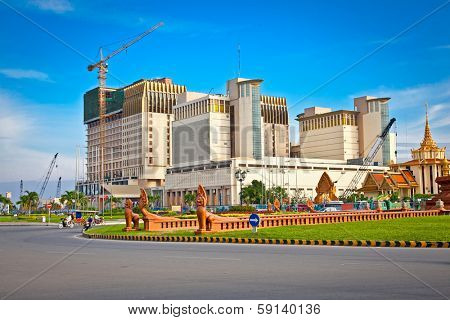 Sangkat Chaktomuk square and Naga World Complex behind, Phnom Penh, Cambodia.