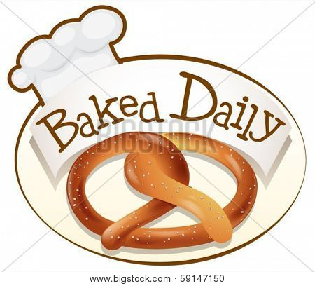 Illustration of a baked daily label with a twisted bread on a white background