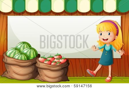 Illustration of an empty template at the back of the girl selling watermelon and tomatoes
