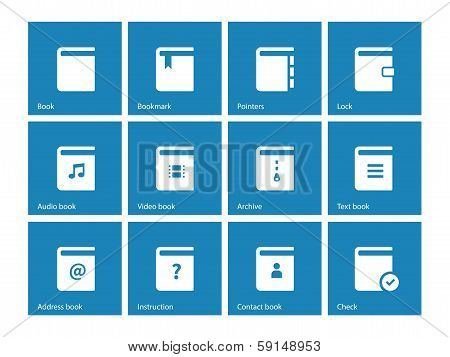 Book icons on blue background.