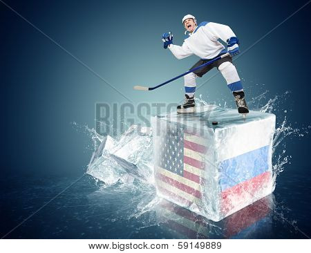 USA - Russia game  Spunky hockey player on ice cube