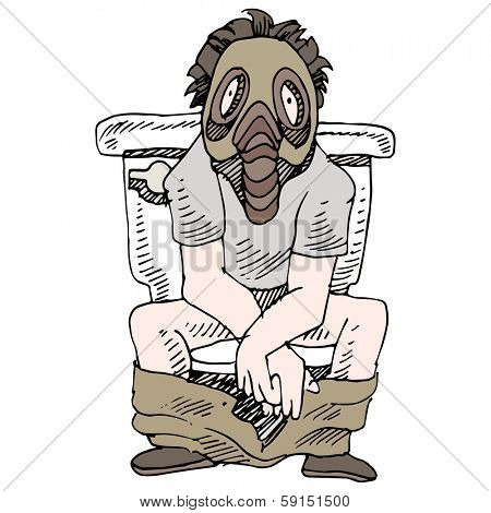 An image of a man sitting on a smelly toilet wearing gas mask.