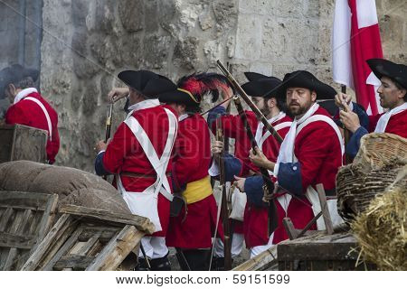 Assault city of Brihuega, during the re-enactment of the War of Succession. September 4, 2010 in Brihuega, Spain