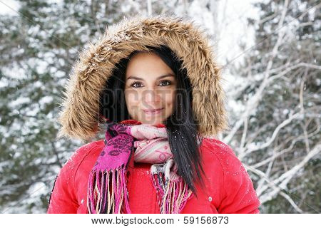 Young Woman With Red Winter Coat