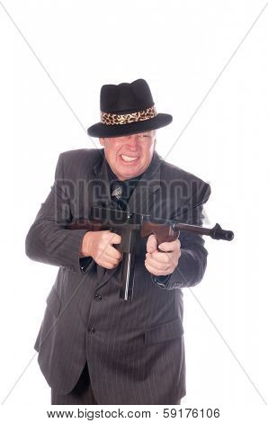 Gangster with sub-machine gun isolated on white