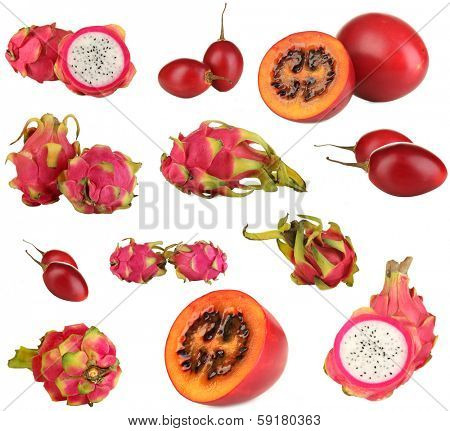 Collage of red tropical fruits isolated on white