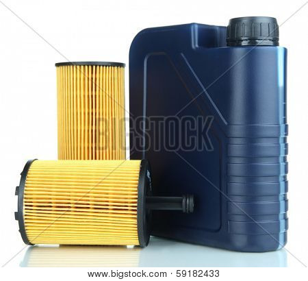 Motor oil canister and filters isolated on white  
