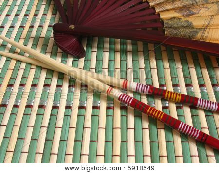 Japanese fan, bamboo napkin and chopsticks