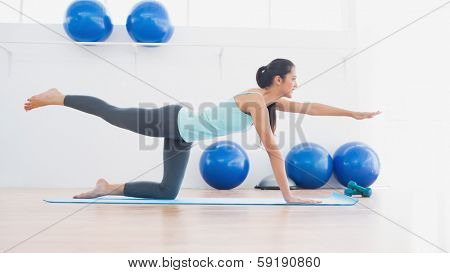 Side view of a sporty young woman stretching hand and leg in fitness studio
