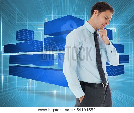 Thoughtful businessman with hand on chin against multiple geometric lights