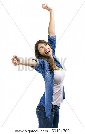 Beautiful woman and verry happy woman with arms on the air, isolated over white background