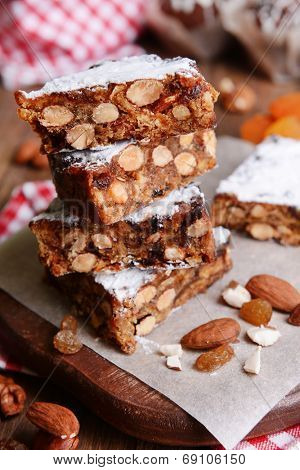 Delicious cake panforte on table close-up