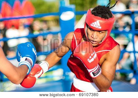 A Boxing Match Javier Ibanez, Cuba And Malik Bajtleuov, Russia. Defeated Javier Ibanez