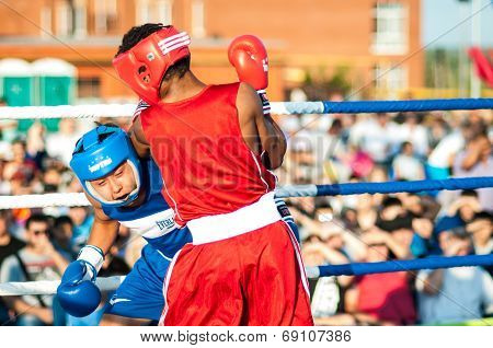 A Boxing Match Javier Ibanez, Cuba And Malik Bajtleuov, Russia. Defeated Javier Ibanez