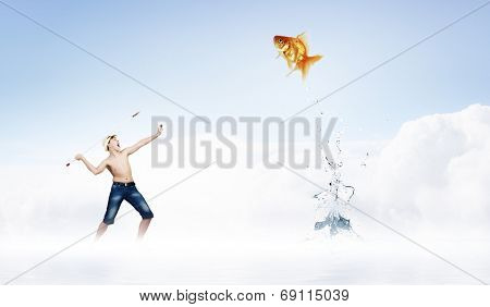 Boy of school age hunting with harpoon