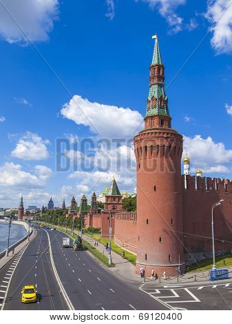 Moscow, Russia, on July 26, 2014. View of the Kremlin and Kremlevskaya Embankment of the Moskva Rive