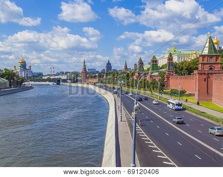 Moscow, Russia, on July 26, 2014. View of the Kremlin and Kremlevskaya Embankment of the Moskva Rive