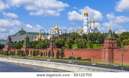 Moscow, Russia, on July 26, 2014. View of the Kremlin and Kremlevskaya Embankment of the Moskva Rive