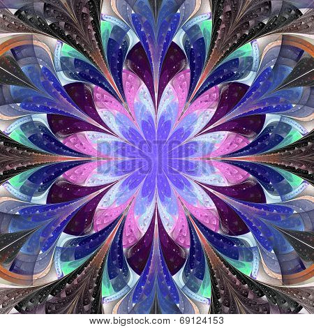 Symmetrical Pattern In Stained-glass Window Style. Darkblue, Blue And Pink Palette. Computer Generat