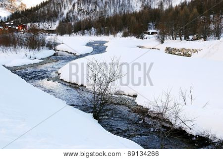 Valley Isere River In Winter, France