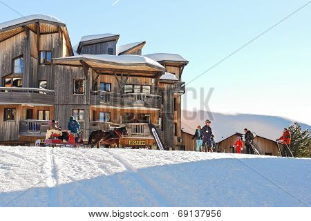 Ski Children School In Avoriaz Town In Alps