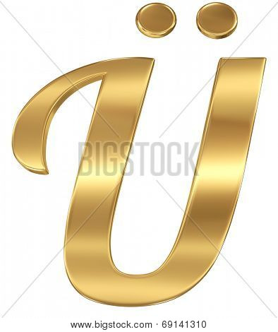 Golden shining metallic 3D symbol letter U umlaut - isolated on white