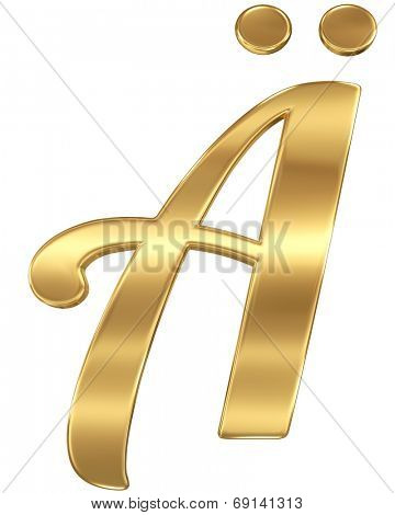 Golden shining metallic 3D symbol letter A umlaut - isolated on white