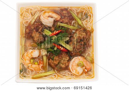 Bun Tom Cha Muc,  Rice Vermicelli Soup, Served With Shrimp Broth And Topped Withshimps And Fried Squ