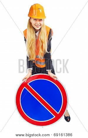 Lady Worker With Road Sign