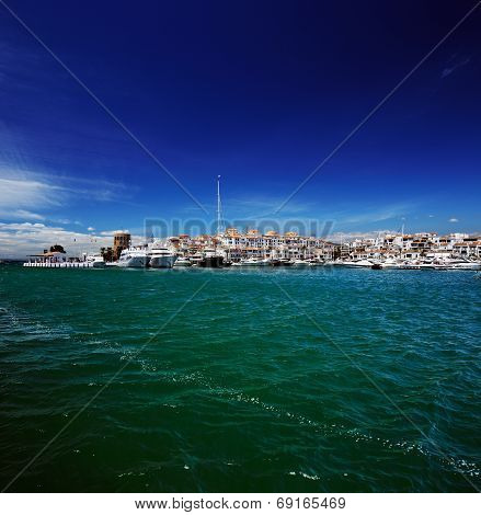 Luxury yachts and motor boats in Puerto Banus marina in Marbella, Spain