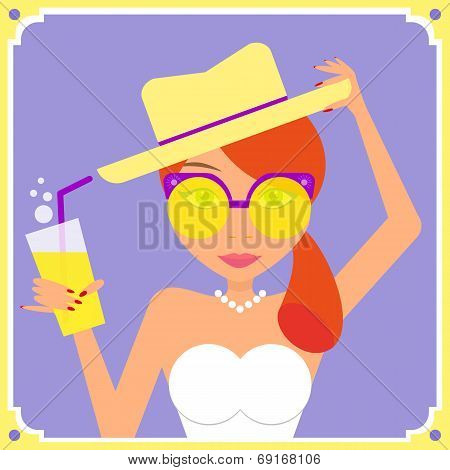 Flat redhair woman wearing yellow retro sunglasses and hat