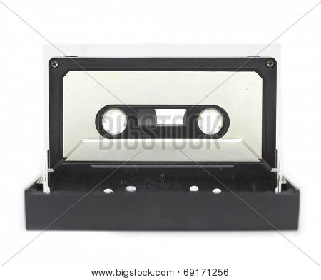Early 70's cassette tape standing upright in a open cassette case, isolated on white. (cassette is actually from the seventies, has dust and grime)
