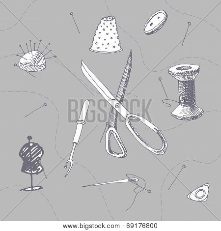 Set of sewing accessories. Swing machine. Hand drawn sketch