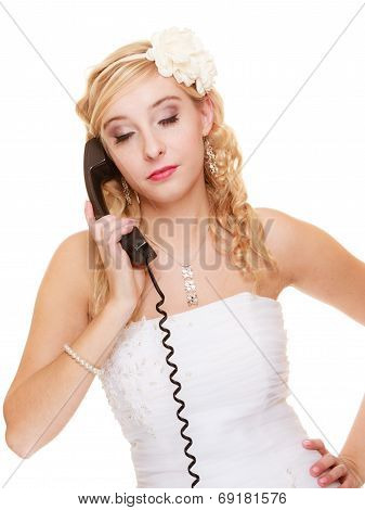 Wedding. Sad Woman Unhappy Bride Talking On Phone