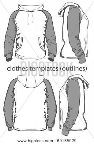 Men's hooded sweatshirt with pocket (back, front and side views). Raglan sleeve. Outlines. Vector illustration.